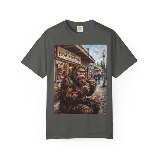 Bigfoot Fudge Shop T-Shirt — Sasquatch Street Scene Graphic Tee