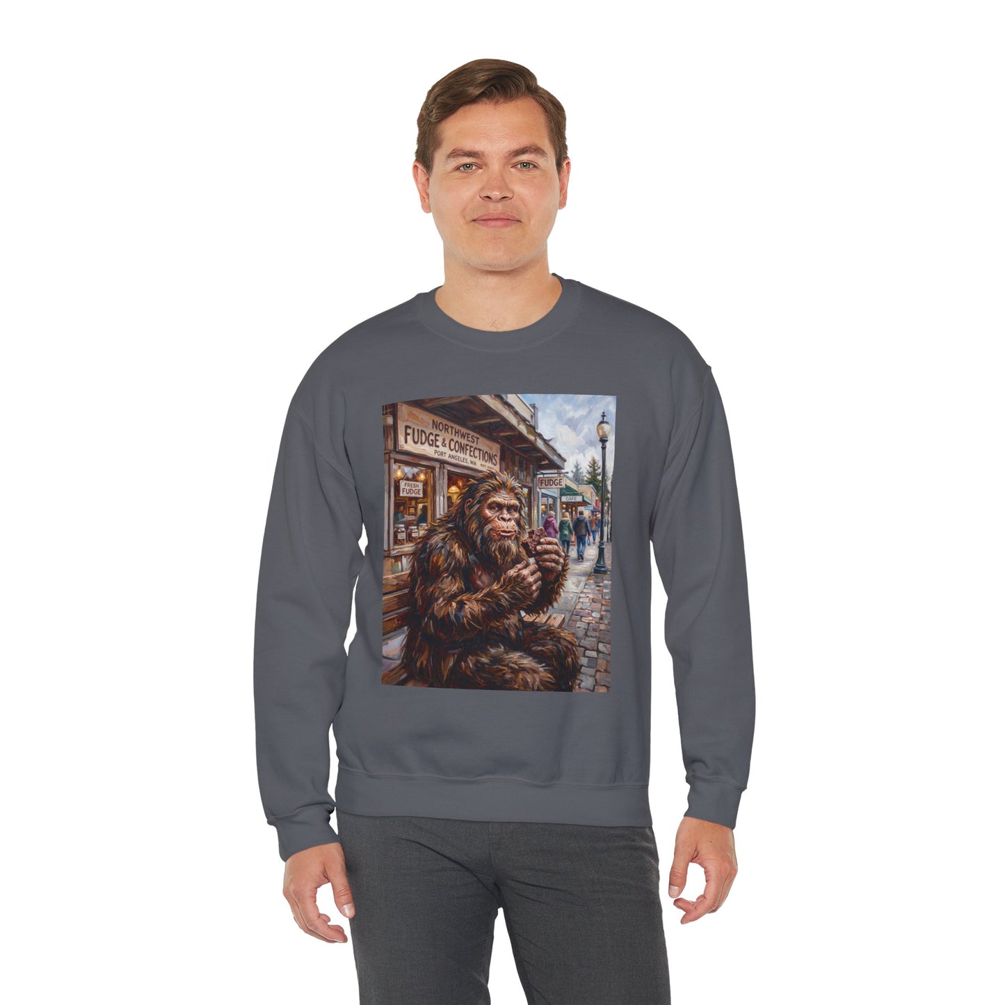 Bigfoot Eating Fudge Crewneck Sweatshirt — Funny Sasquatch Vintage Street Scene