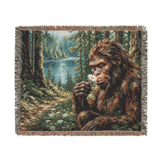 Bigfoot Forest Woven Blanket — Retro Sasquatch Woodland Throw