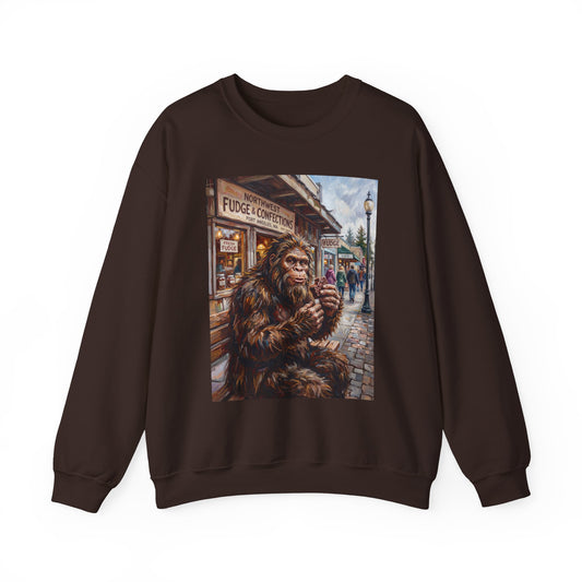 Bigfoot Eating Fudge Crewneck Sweatshirt — Funny Sasquatch Vintage Street Scene