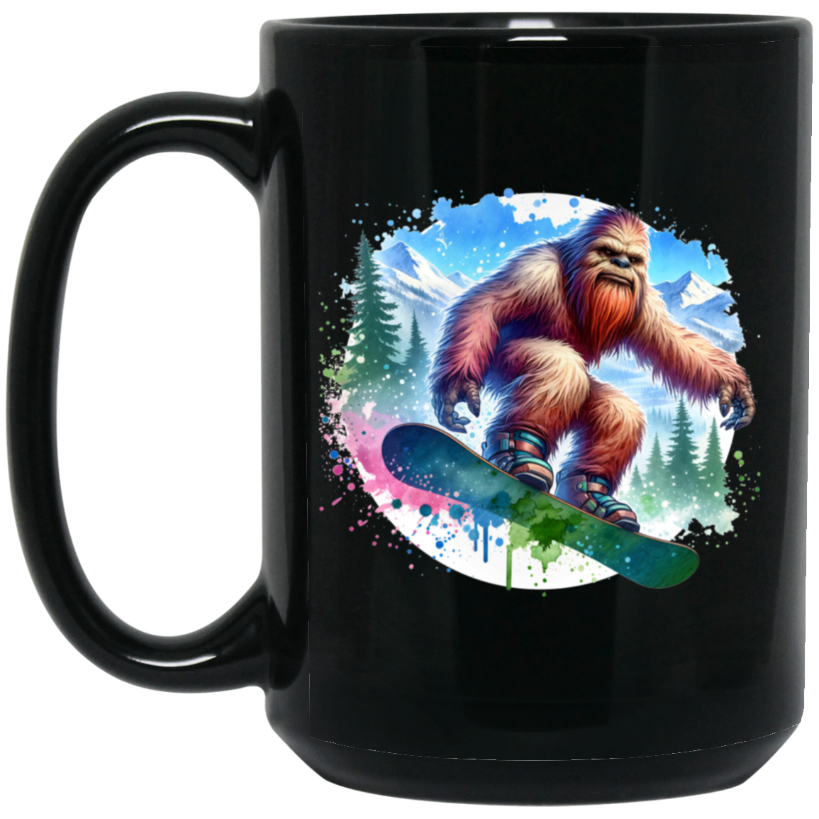 Snowboarding Sasquatch - Mugs, Black, White and Accent Colors