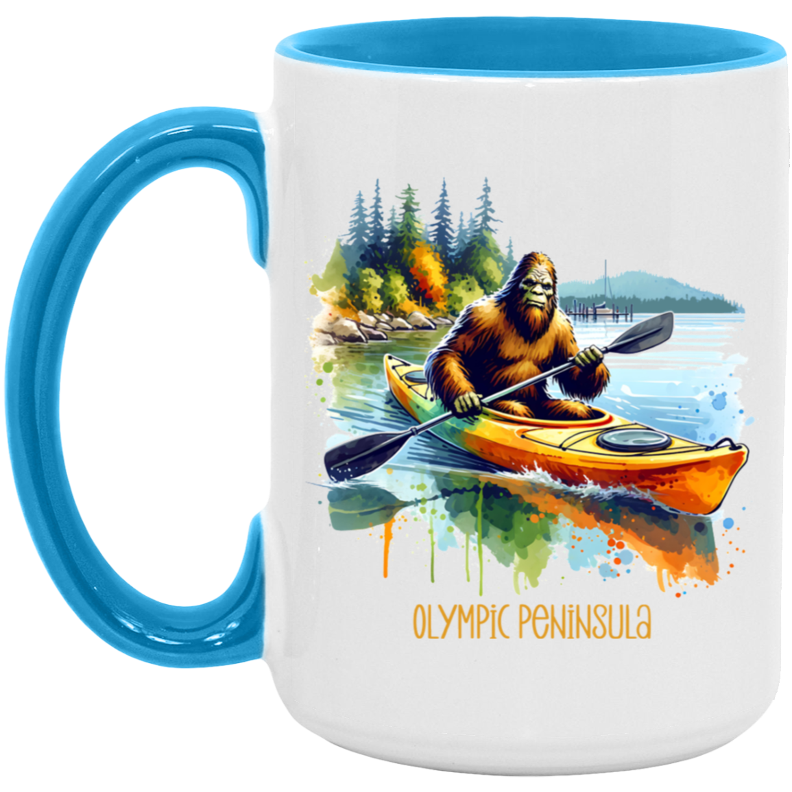 Sasquatch in Kayak - Olympic Peninsula - Mugs, Black, White and Accent Colors