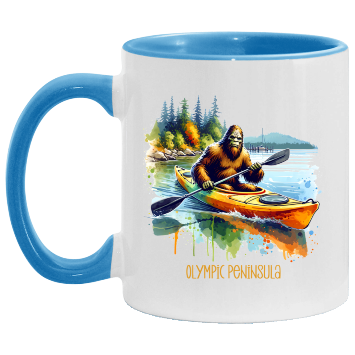 Sasquatch in Kayak - Olympic Peninsula - Mugs, Black, White and Accent Colors