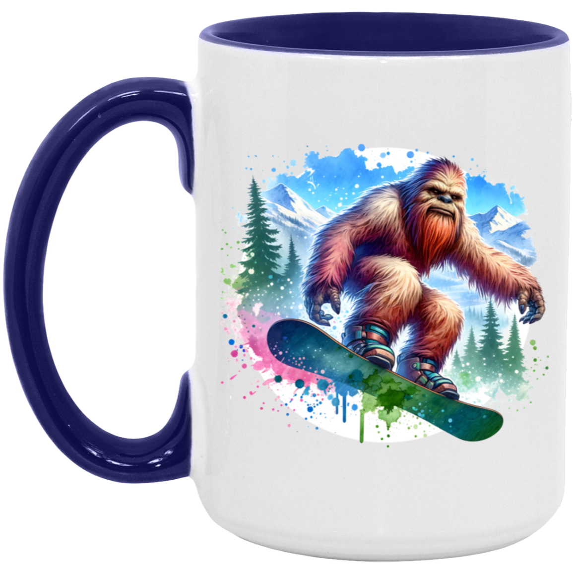 Snowboarding Sasquatch - Mugs, Black, White and Accent Colors