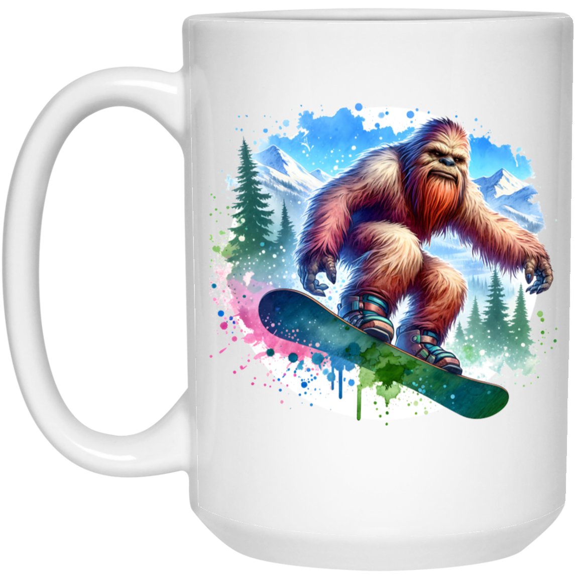 Snowboarding Sasquatch - Mugs, Black, White and Accent Colors