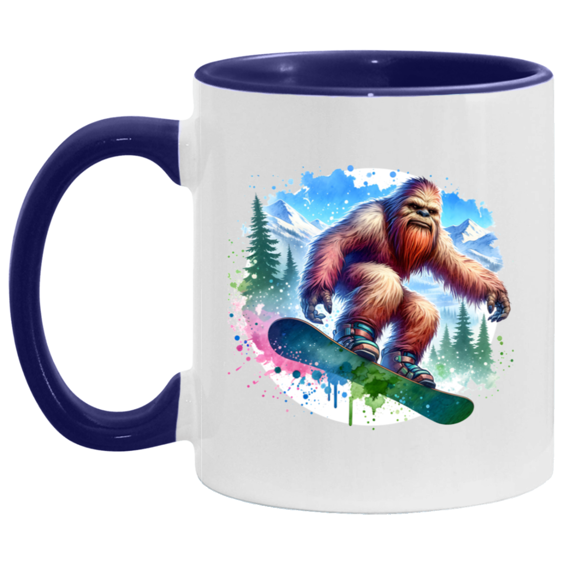 Snowboarding Sasquatch - Mugs, Black, White and Accent Colors