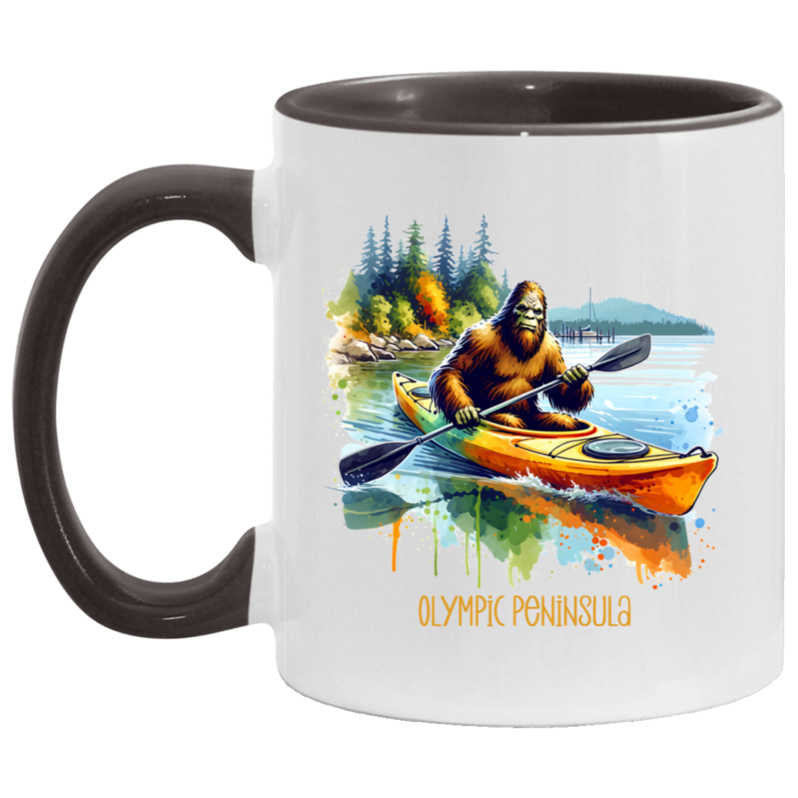 Sasquatch in Kayak - Olympic Peninsula - Mugs, Black, White and Accent Colors