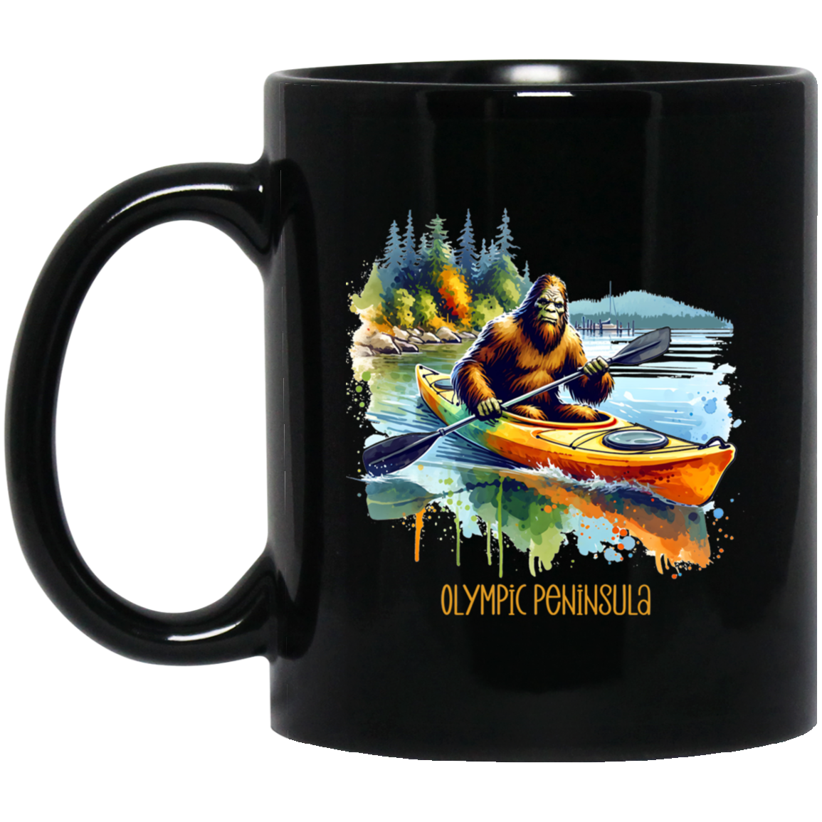 Sasquatch in Kayak - Olympic Peninsula - Mugs, Black, White and Accent Colors