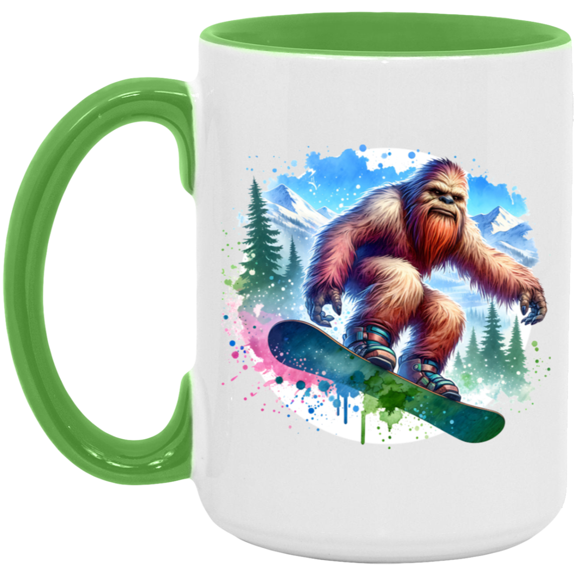 Snowboarding Sasquatch - Mugs, Black, White and Accent Colors