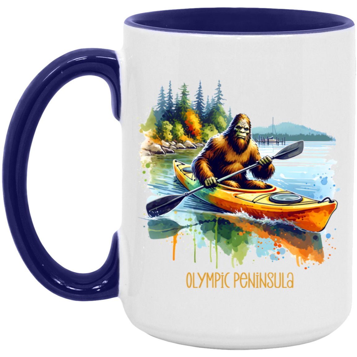 Sasquatch in Kayak - Olympic Peninsula - Mugs, Black, White and Accent Colors