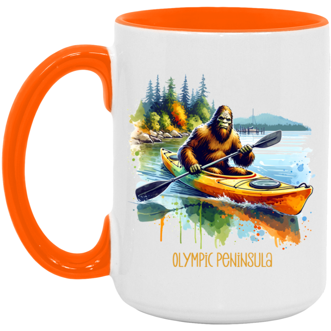 Sasquatch in Kayak - Olympic Peninsula - Mugs, Black, White and Accent Colors