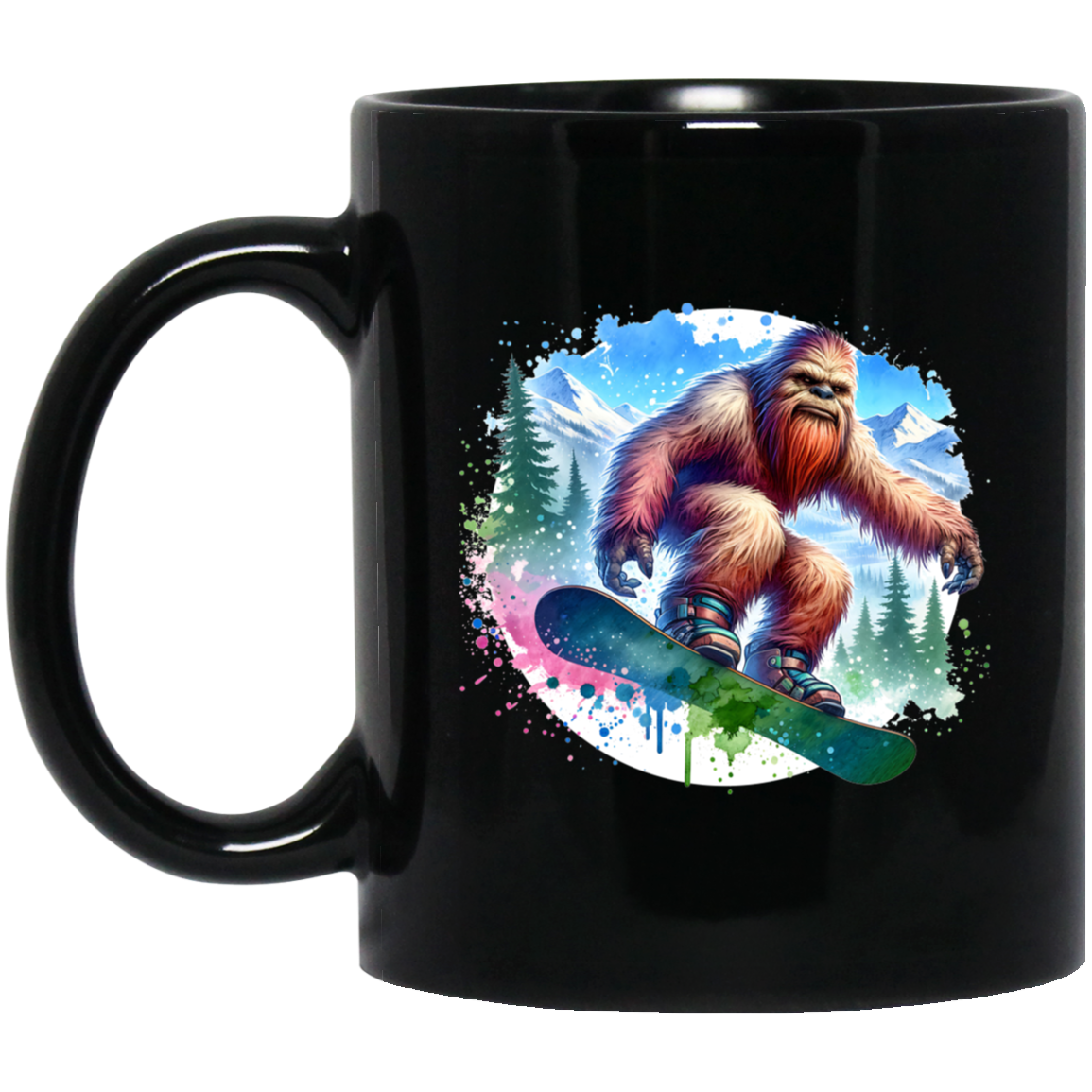 Snowboarding Sasquatch - Mugs, Black, White and Accent Colors
