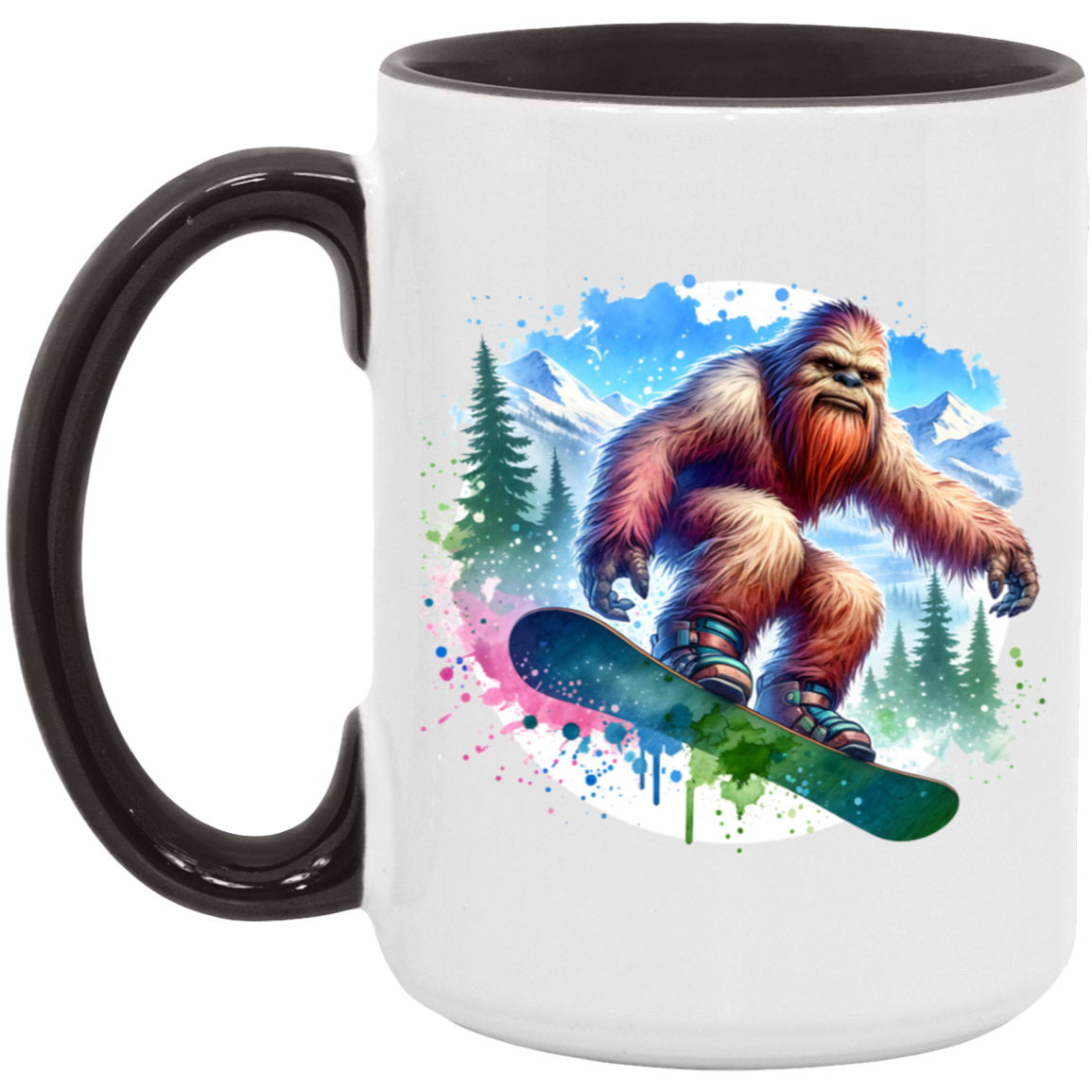 Snowboarding Sasquatch - Mugs, Black, White and Accent Colors