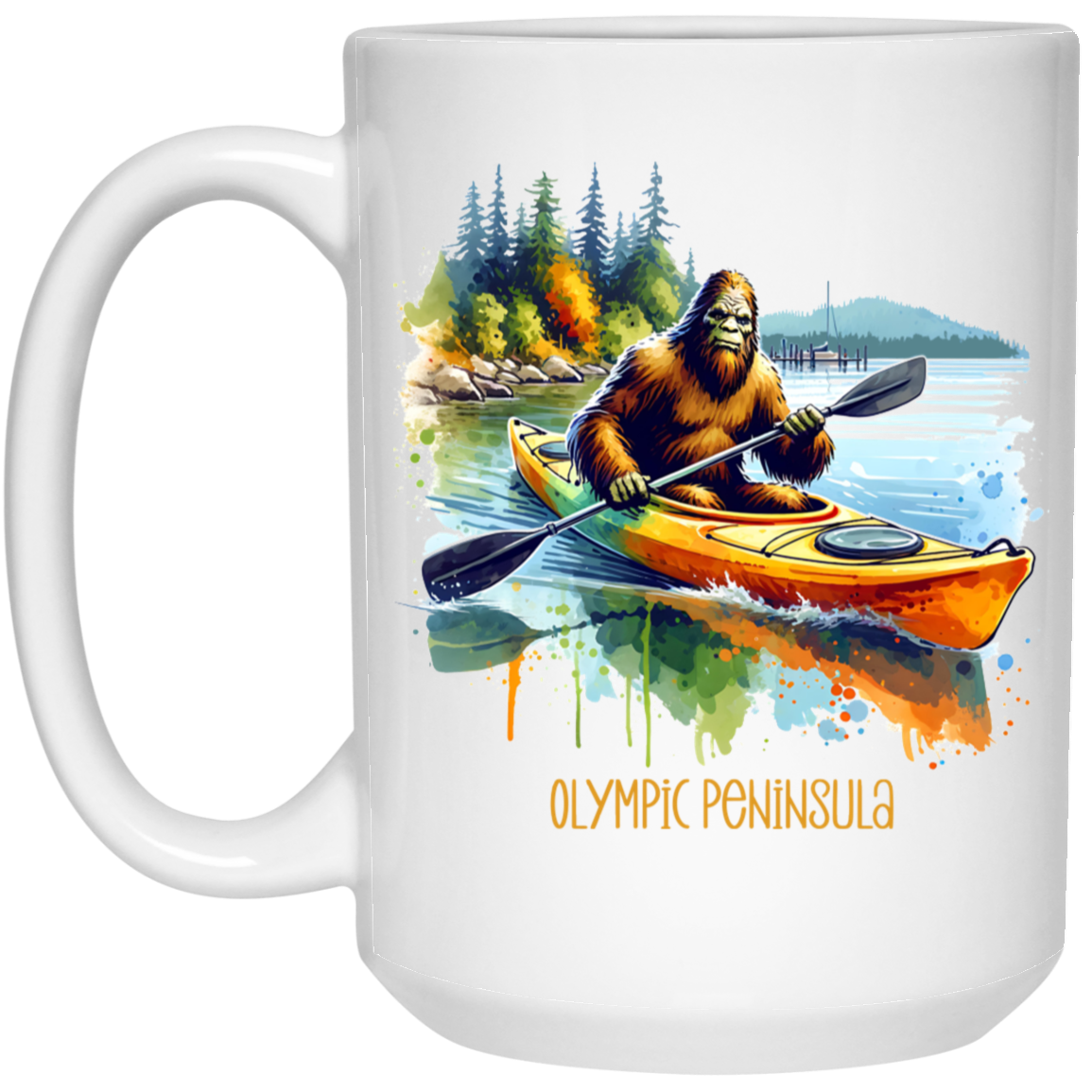 Sasquatch in Kayak - Olympic Peninsula - Mugs, Black, White and Accent Colors