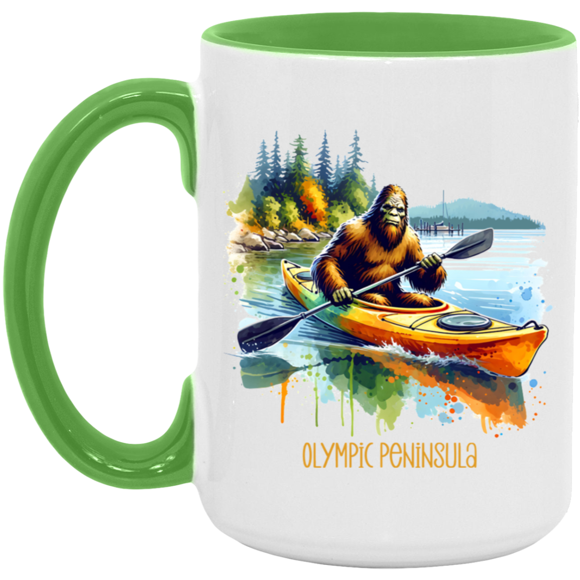 Sasquatch in Kayak - Olympic Peninsula - Mugs, Black, White and Accent Colors