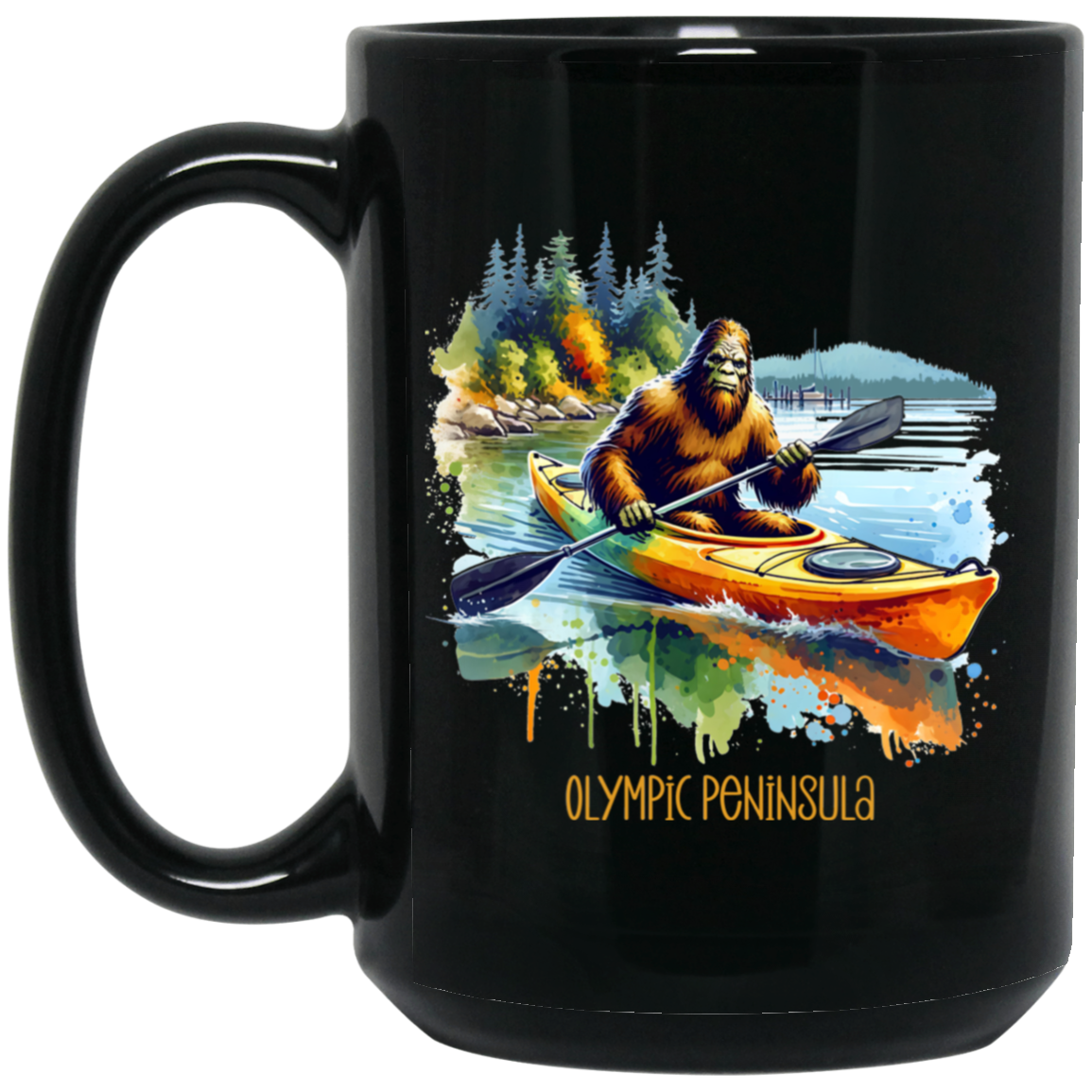 Sasquatch in Kayak - Olympic Peninsula - Mugs, Black, White and Accent Colors