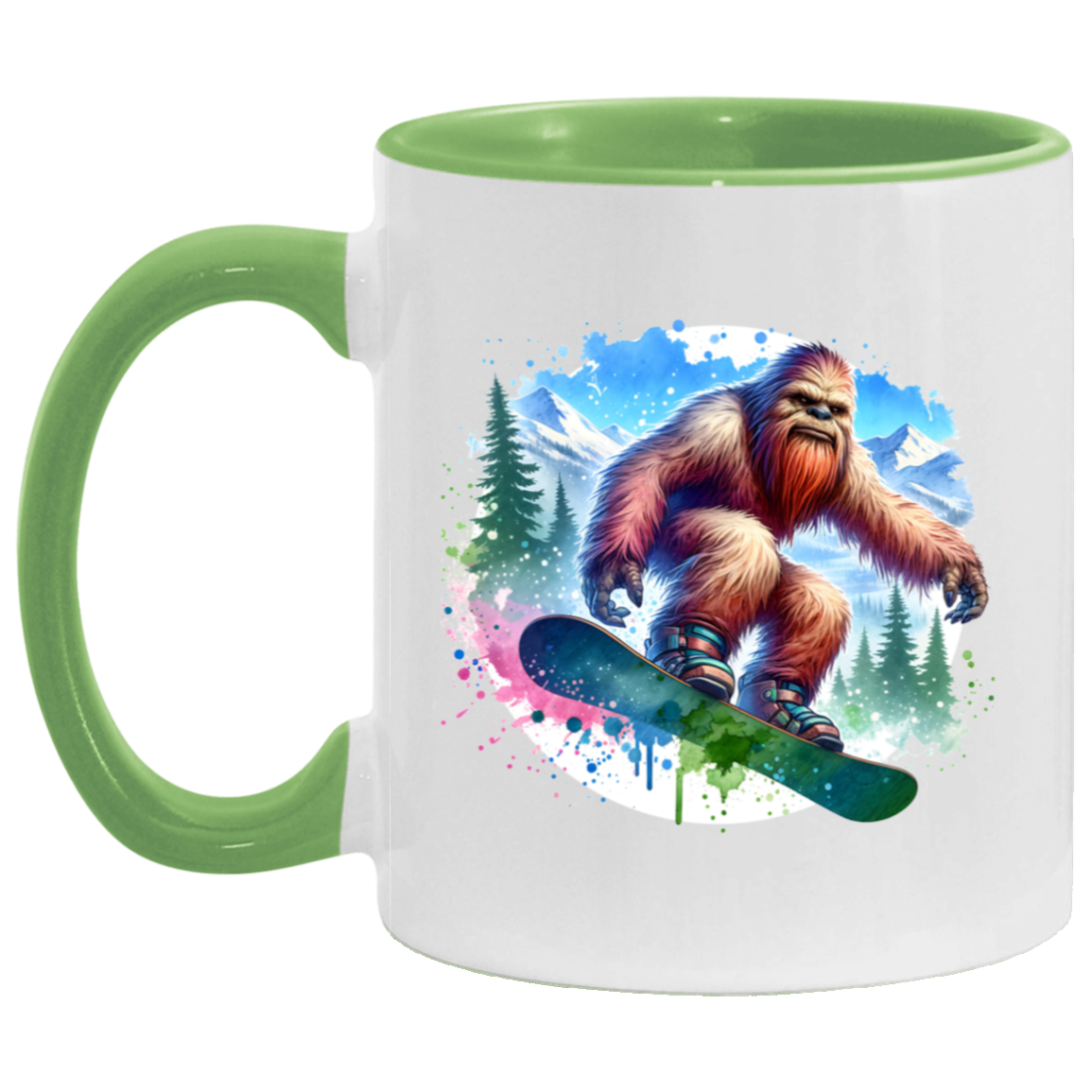 Snowboarding Sasquatch - Mugs, Black, White and Accent Colors