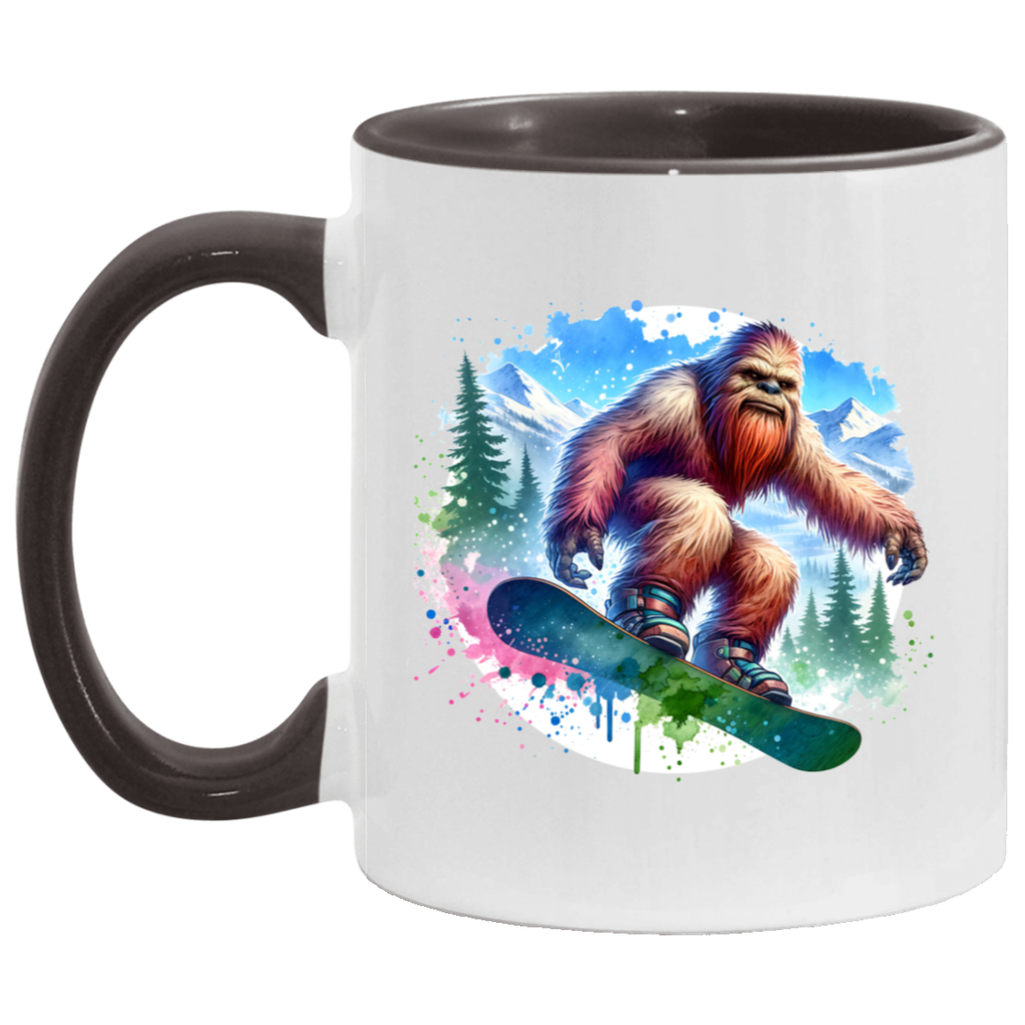 Snowboarding Sasquatch - Mugs, Black, White and Accent Colors