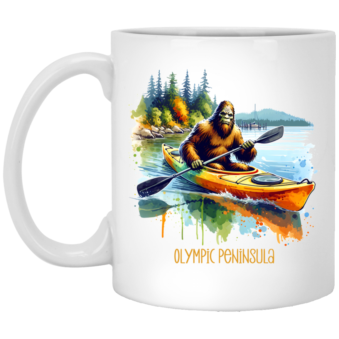 Sasquatch in Kayak - Olympic Peninsula - Mugs, Black, White and Accent Colors