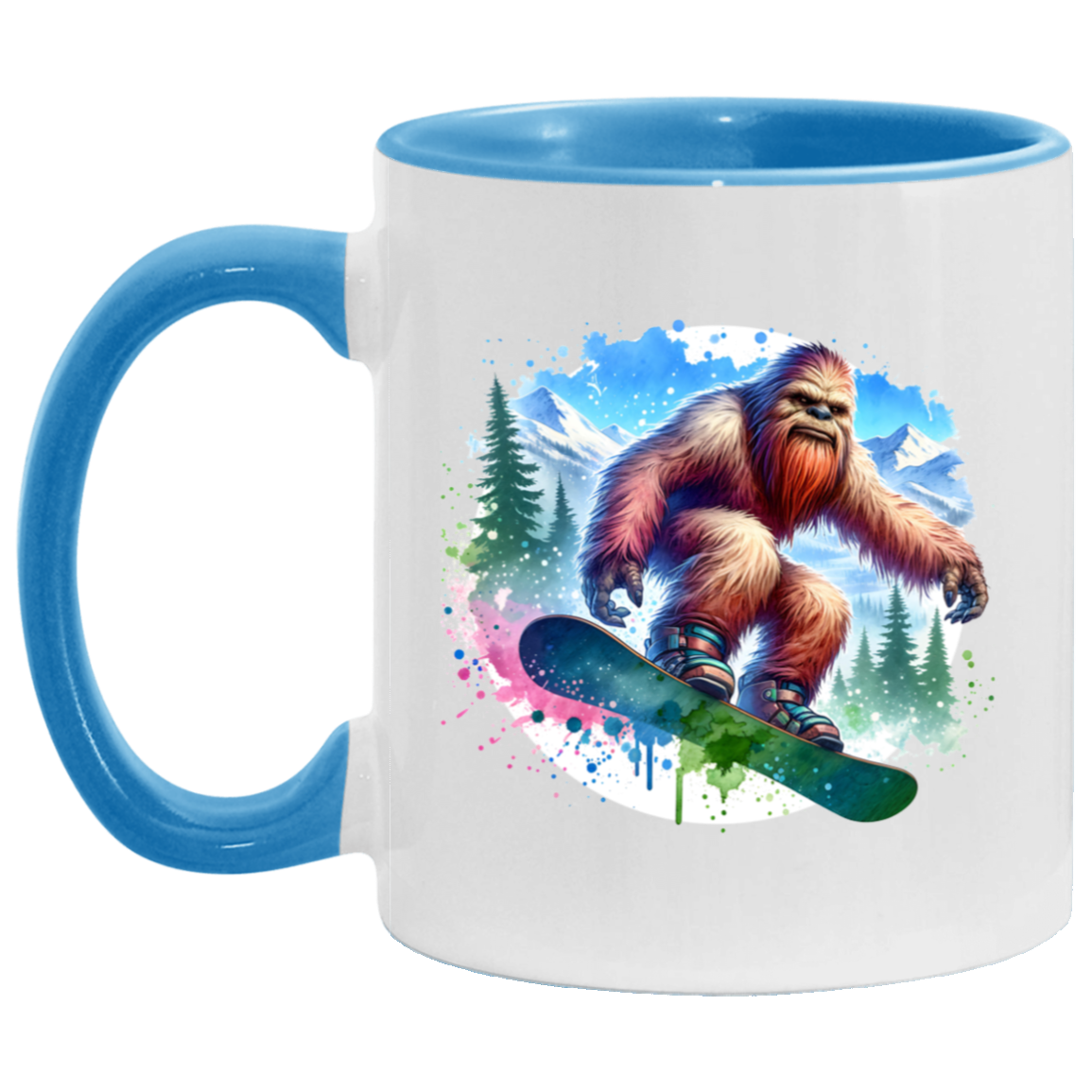 Snowboarding Sasquatch - Mugs, Black, White and Accent Colors