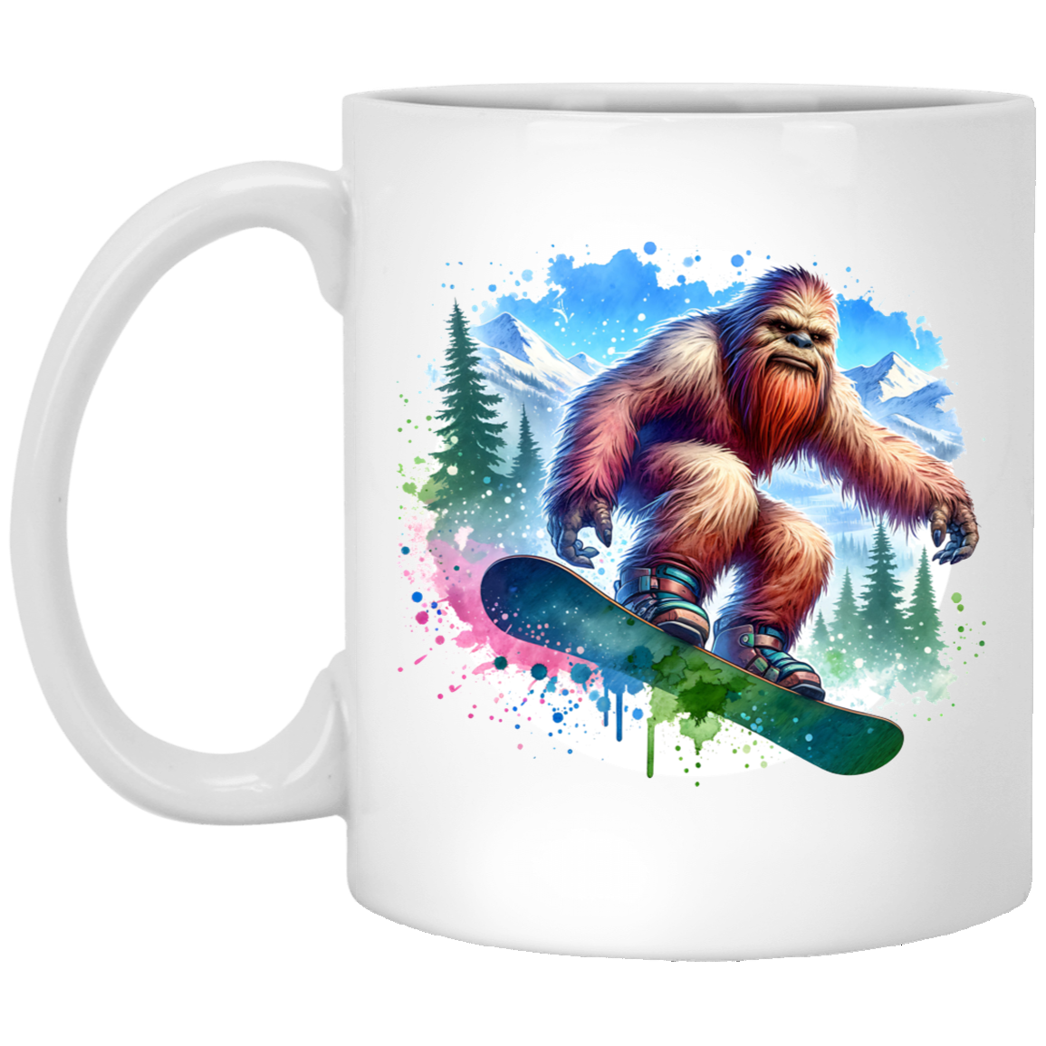 Snowboarding Sasquatch - Mugs, Black, White and Accent Colors