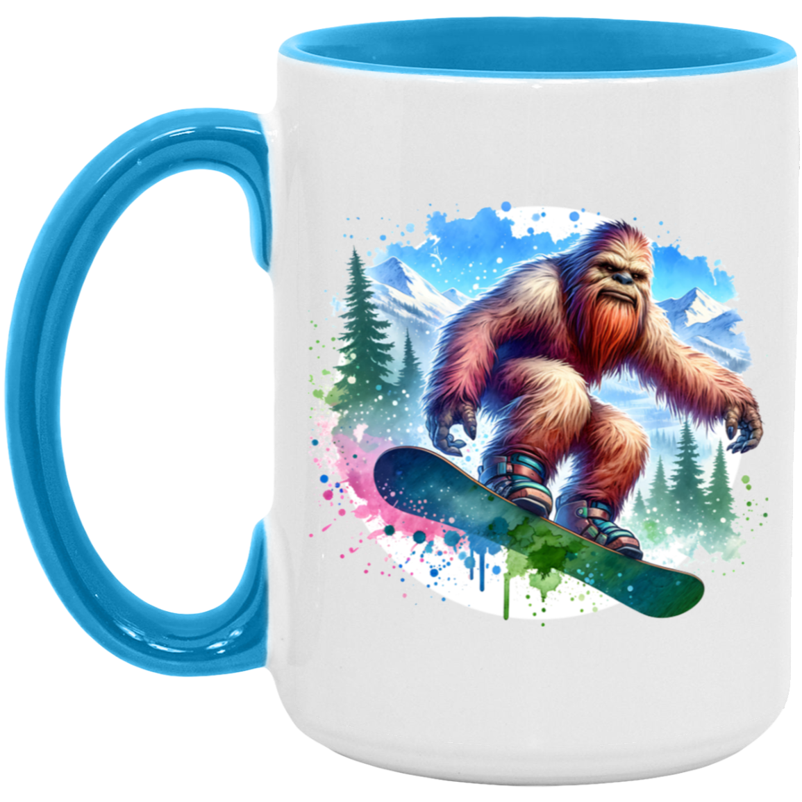 Snowboarding Sasquatch - Mugs, Black, White and Accent Colors