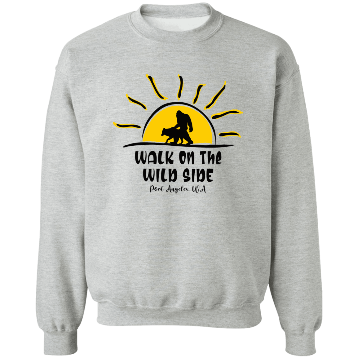 Sasquatch and Wolf Sunset Pullover Sweatshirt