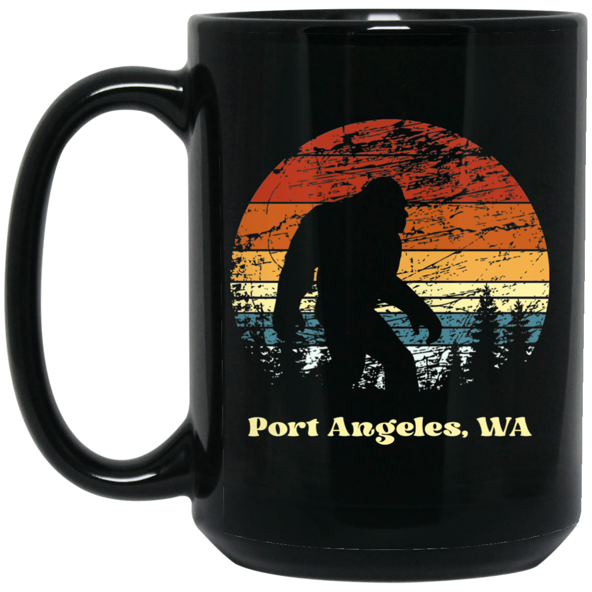 Retro Sunset Sasquatch PA Grunged Black Mugs