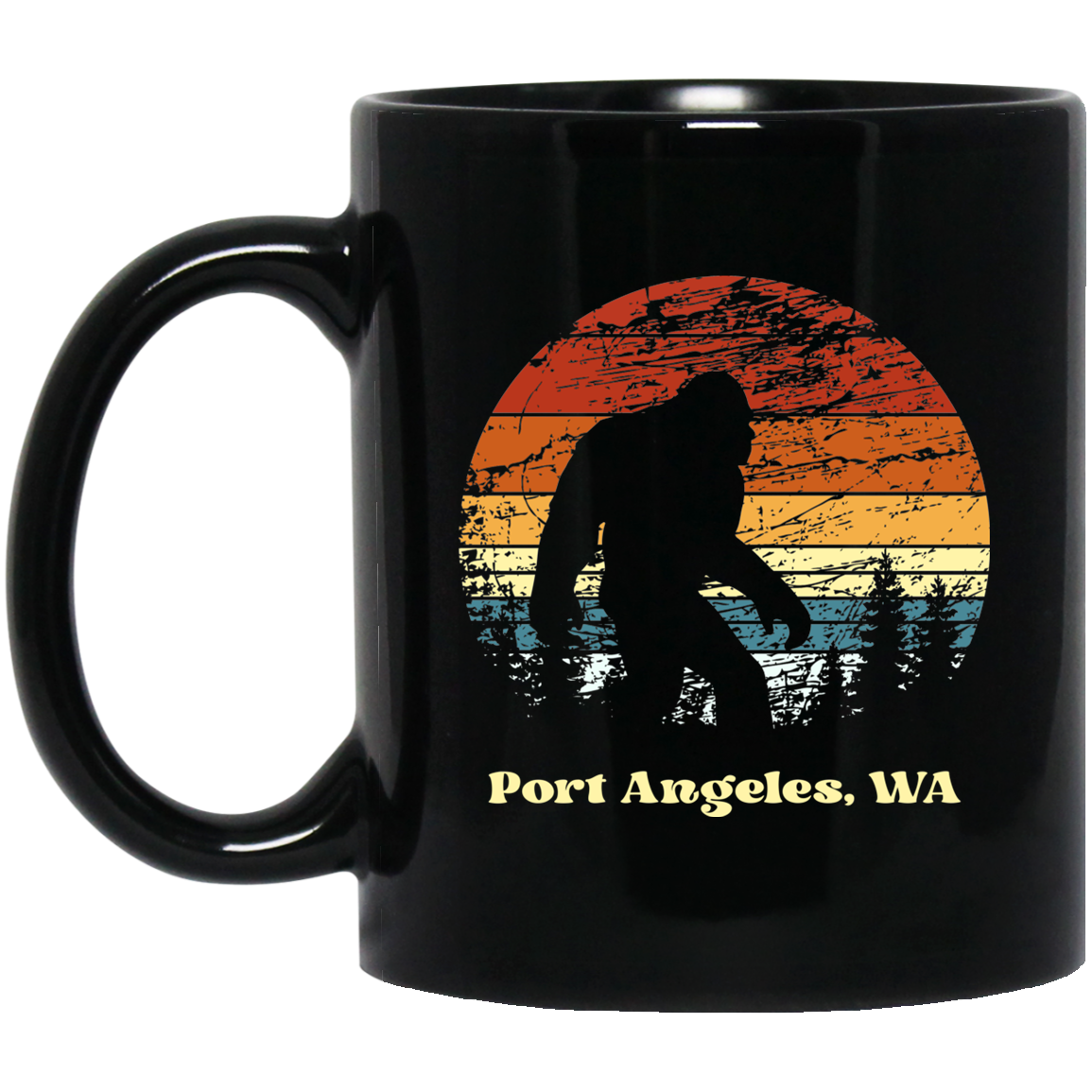 Retro Sunset Sasquatch PA Grunged Black Mugs