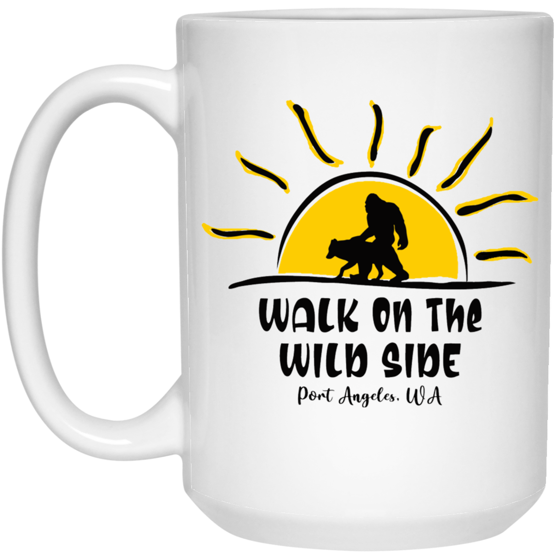 Sasquatch and Wolf Sunset - WILD SIDE - PA White Mugs