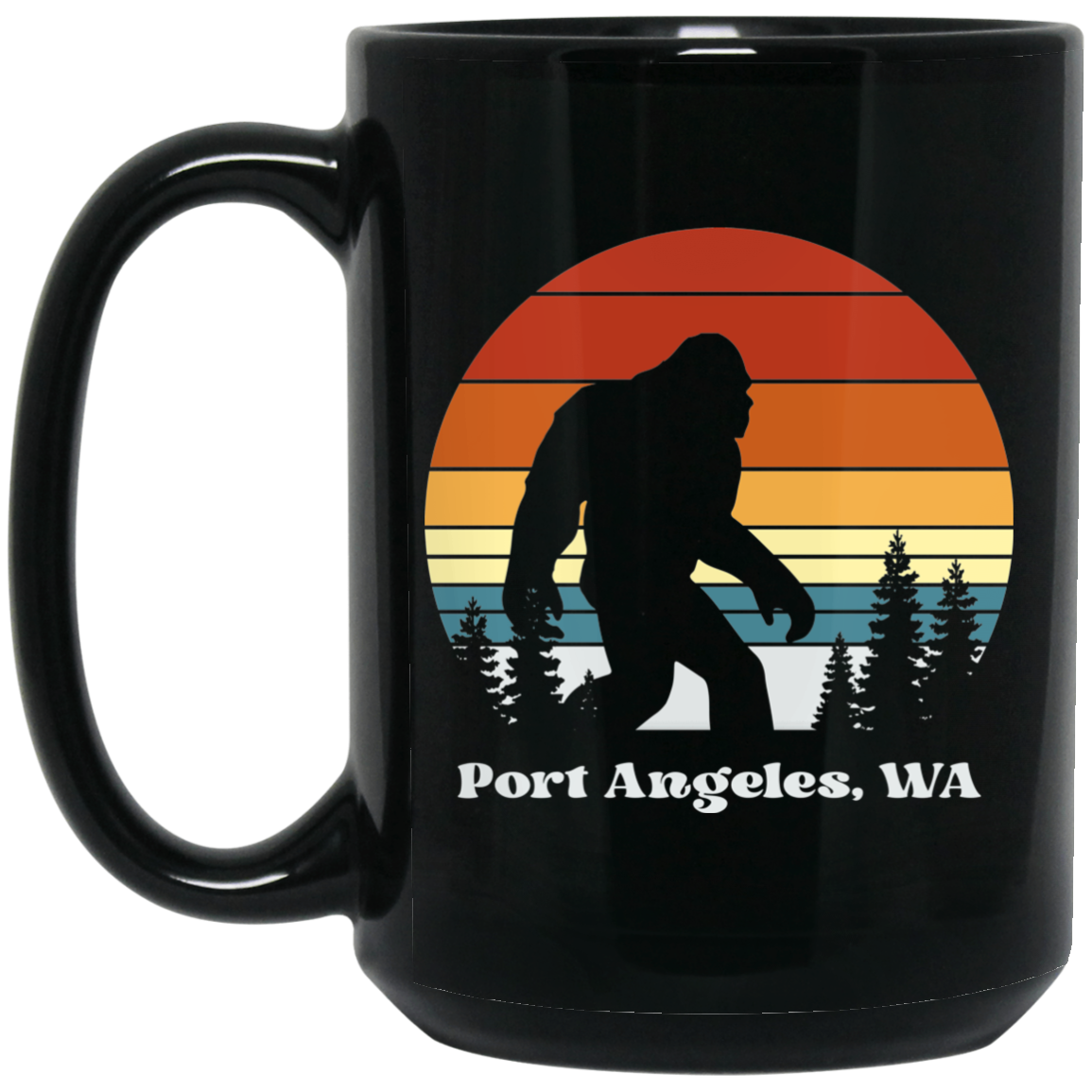 Retro Sunset Sasquatch - Port Angeles Black Mugs