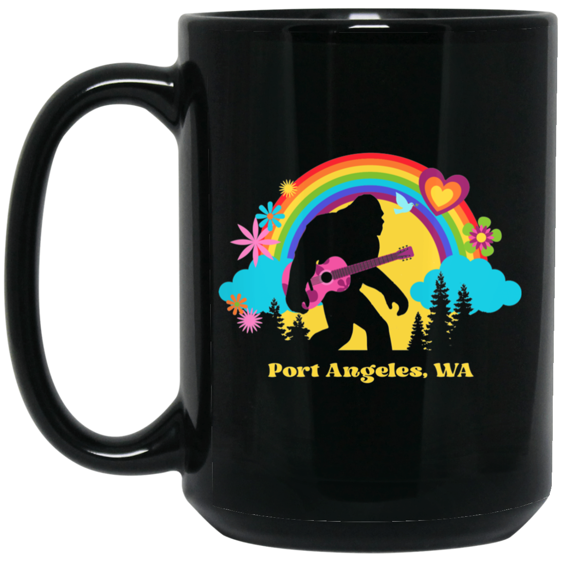Flower Power Sasquatch - Port Angeles Black Mugs