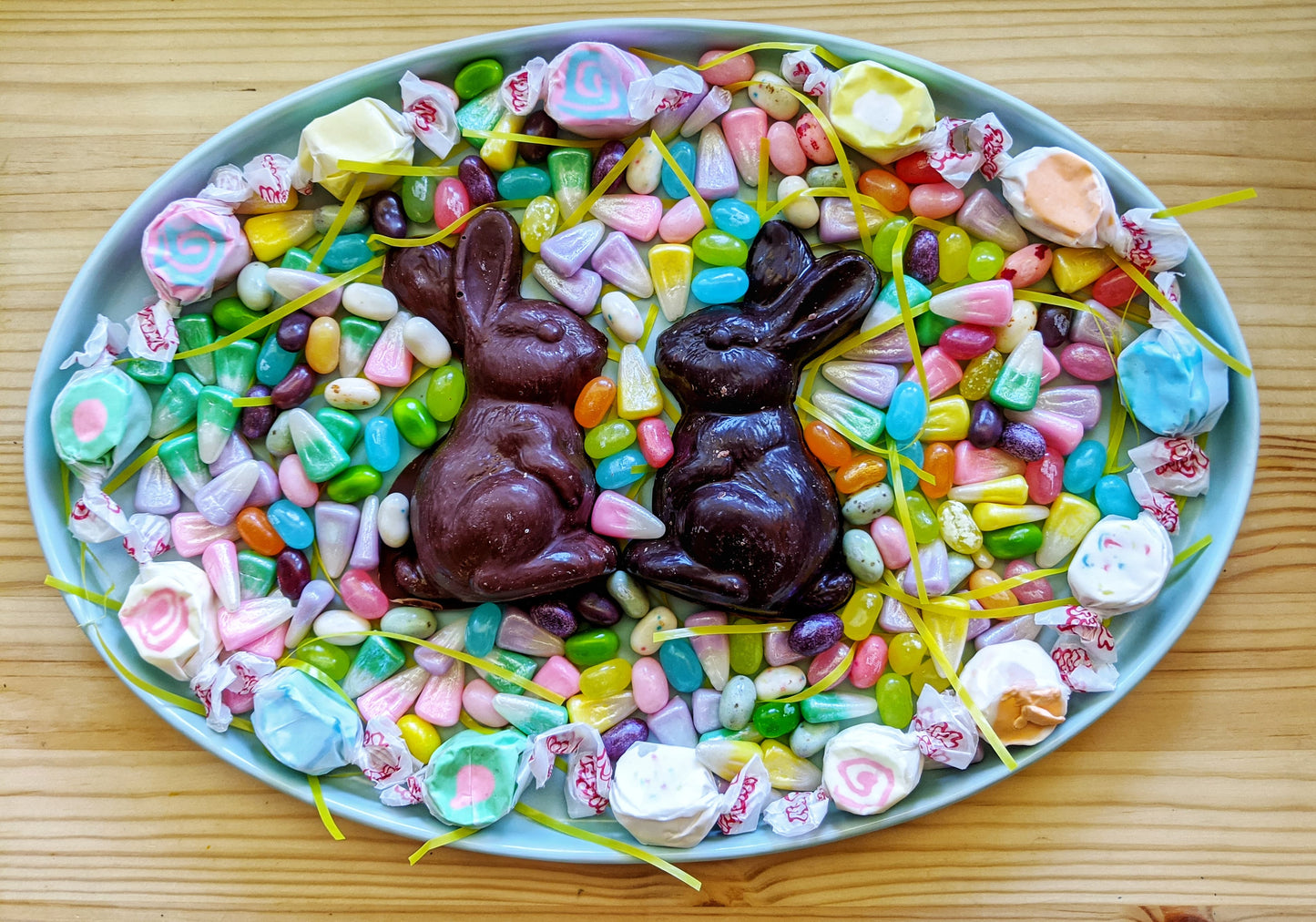 Milk and Dark bunnies in tray of Easter candy.