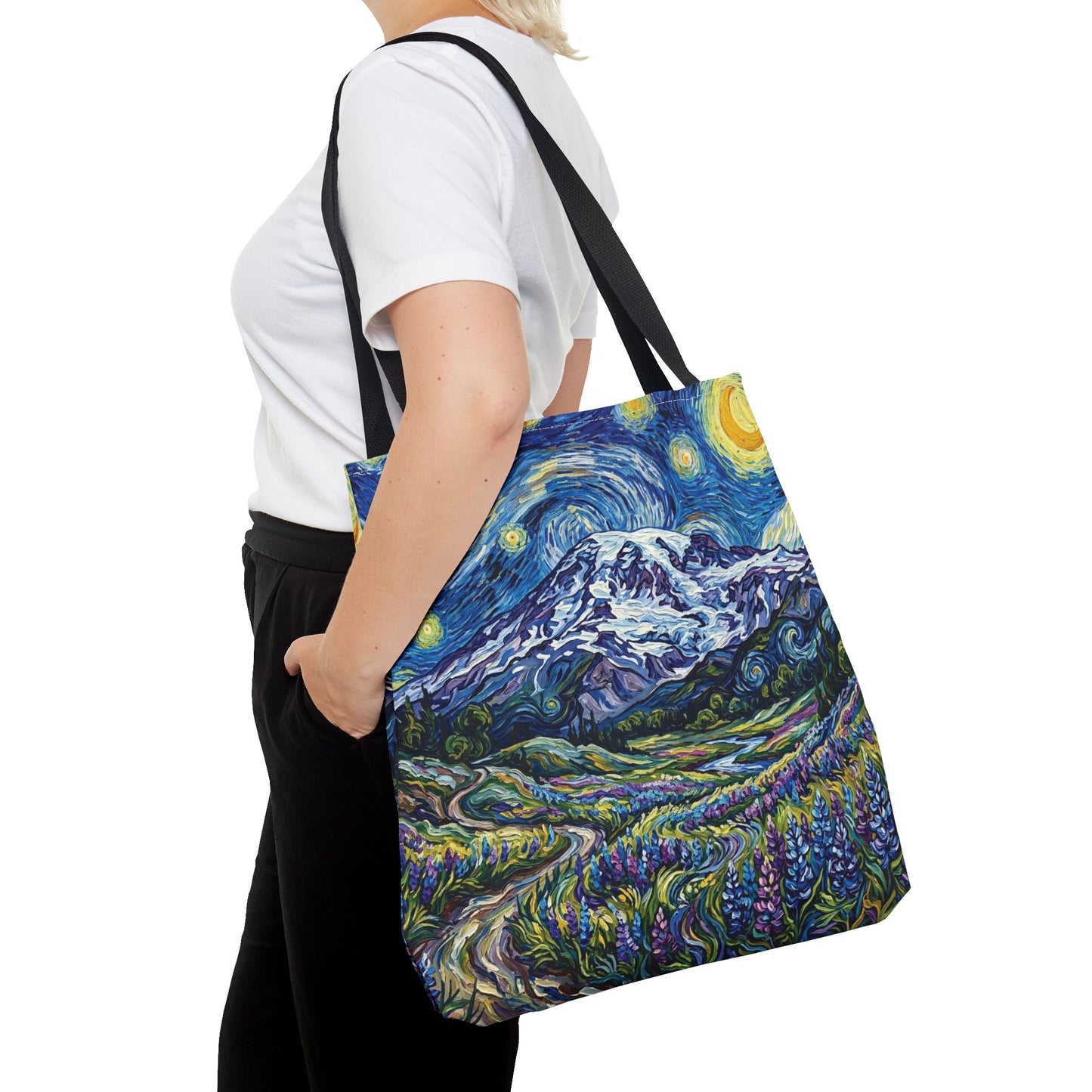 Starry Mountain Landscape Tote Bag — Van Gogh Style Mountain Night All-Over Print