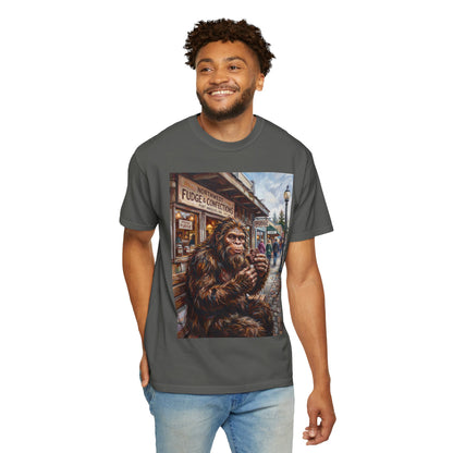 Bigfoot Fudge Shop T-Shirt — Sasquatch Street Scene Graphic Tee