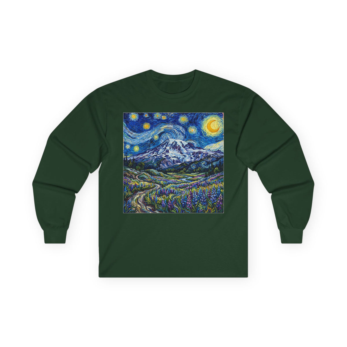 Starry Night Mountain Long Sleeve Tee, Mt. Rainier with Lupines Warm Shirt