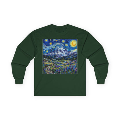 Starry Night Mountain Long Sleeve Tee, Mt. Rainier with Lupines Warm Shirt
