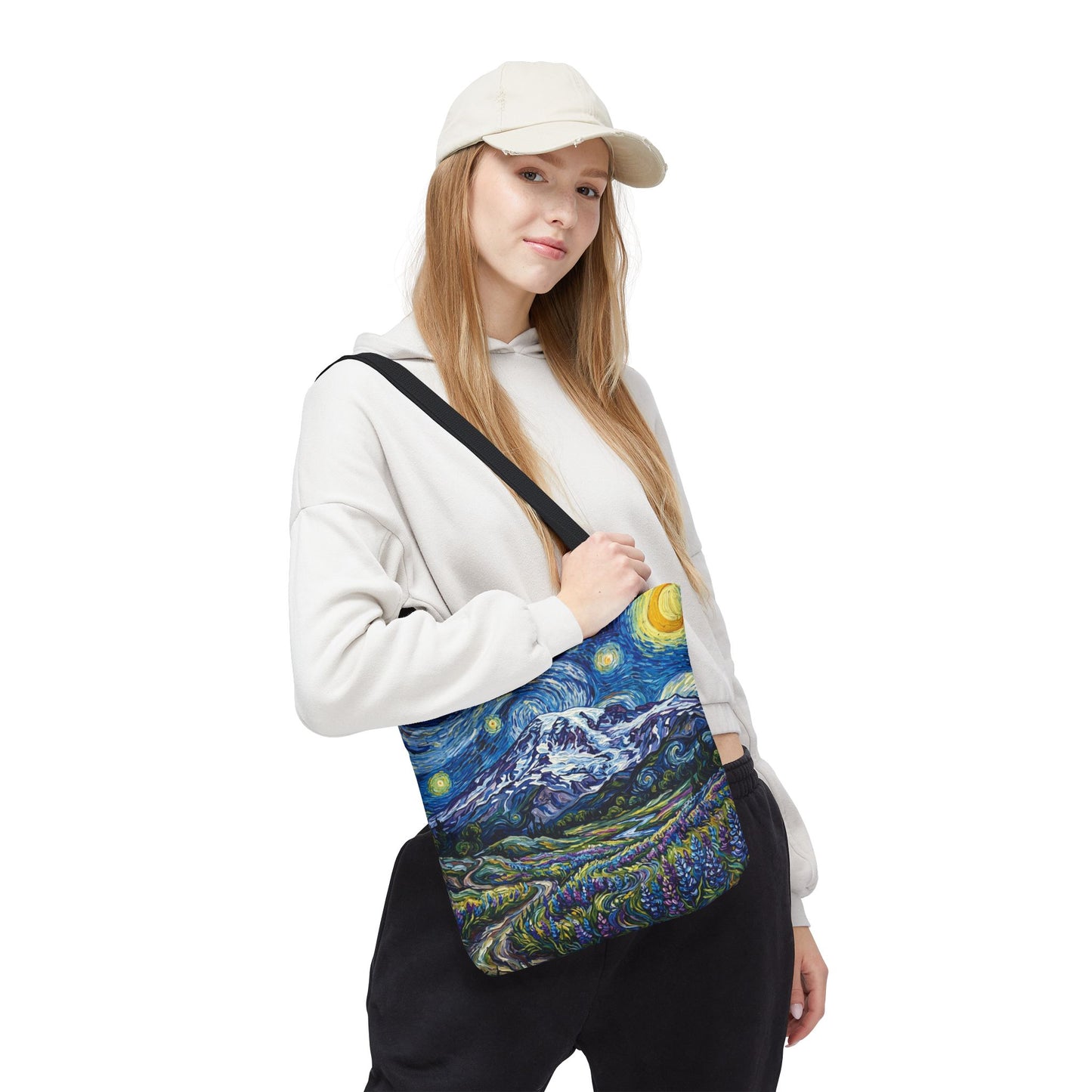 Starry Mountain Landscape Tote Bag — Van Gogh Style Mountain Night All-Over Print