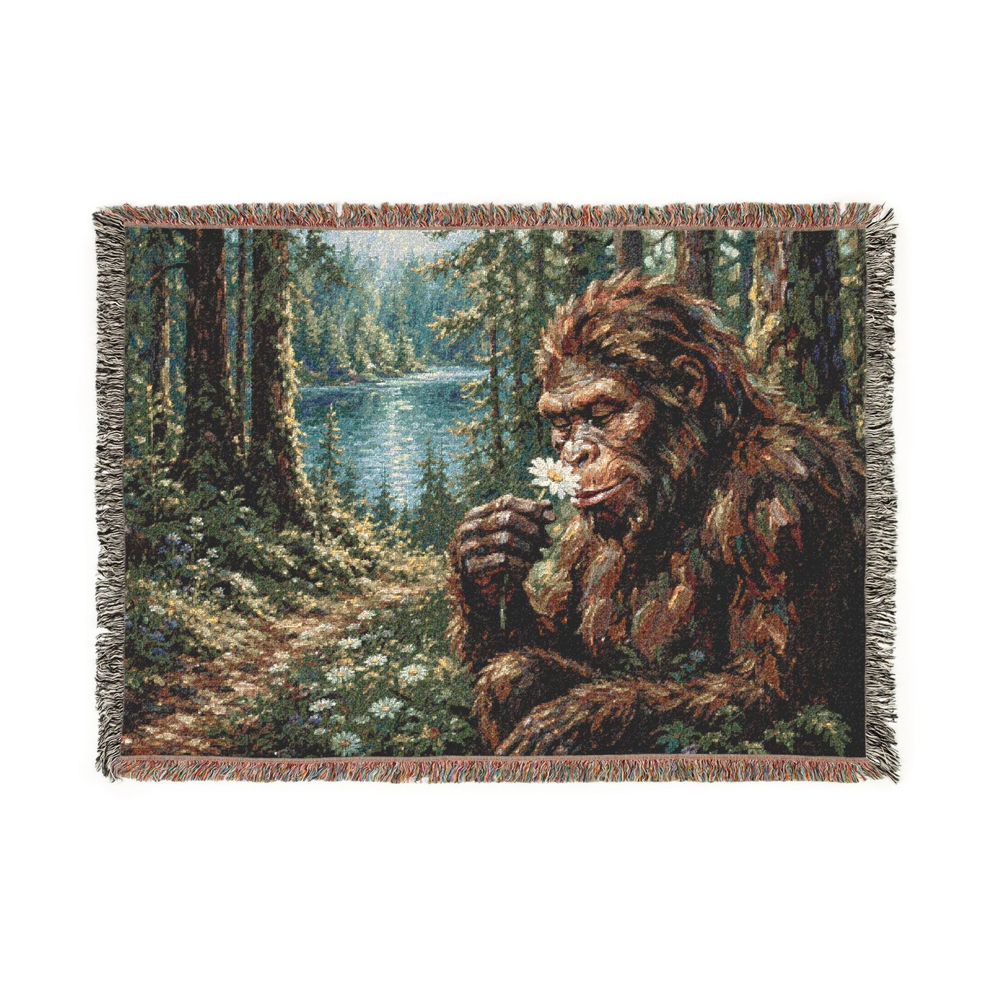Bigfoot Forest Woven Blanket — Retro Sasquatch Woodland Throw