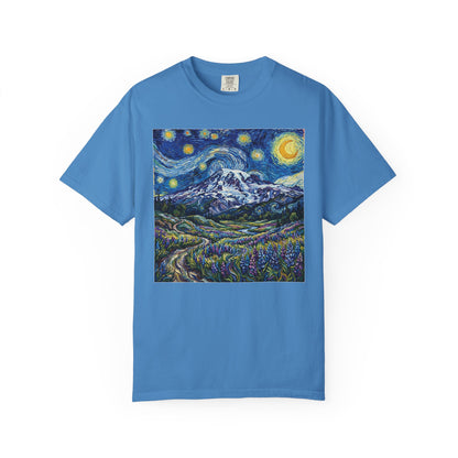 Starry Mountain Landscape T-Shirt — Van Gogh Style Night Sky over Wildflower Valley