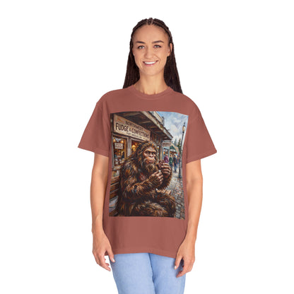 Bigfoot Fudge Shop T-Shirt — Sasquatch Street Scene Graphic Tee