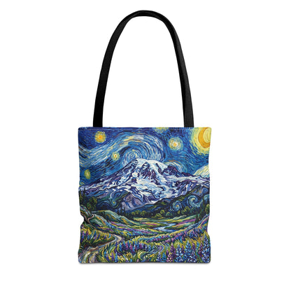 Starry Mountain Landscape Tote Bag — Van Gogh Style Mountain Night All-Over Print