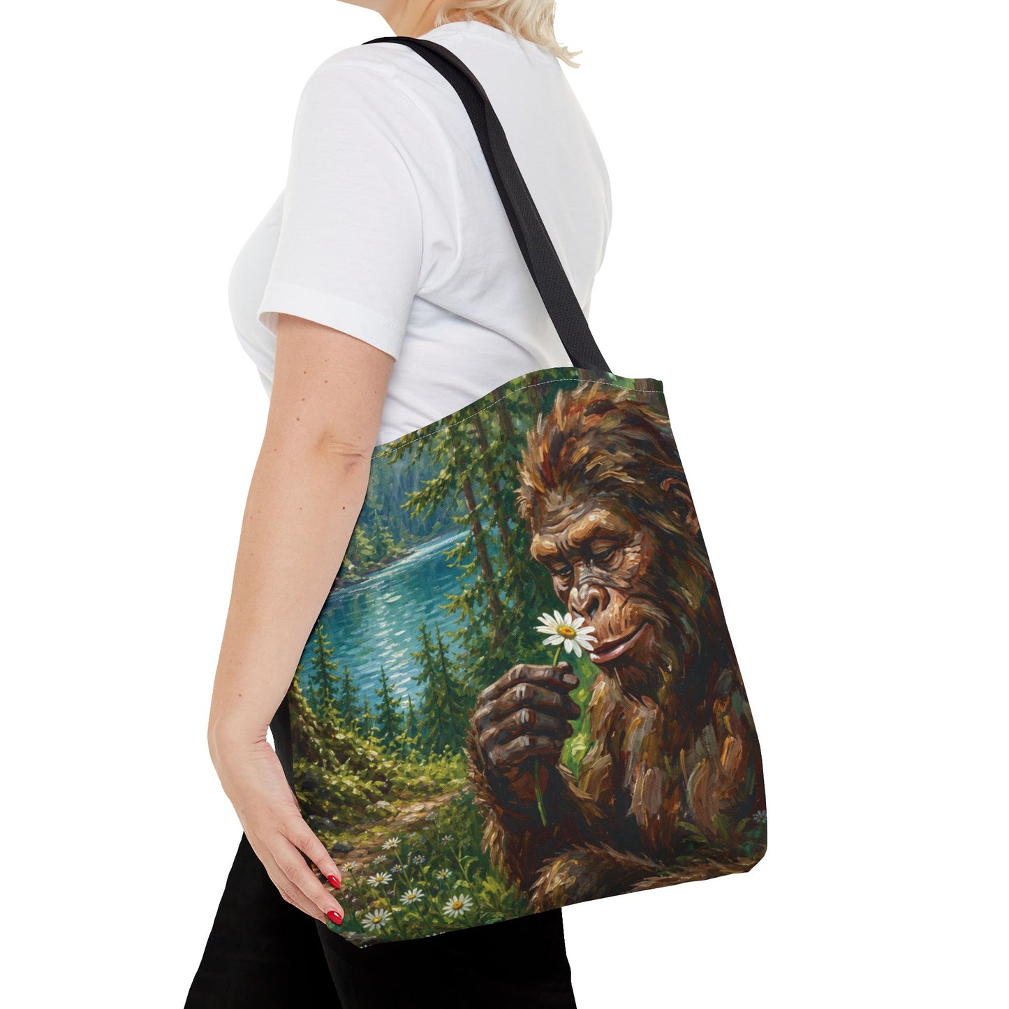 Sasquatch Meadow Tote Bag — Whimsical Bigfoot Nature Canvas Tote