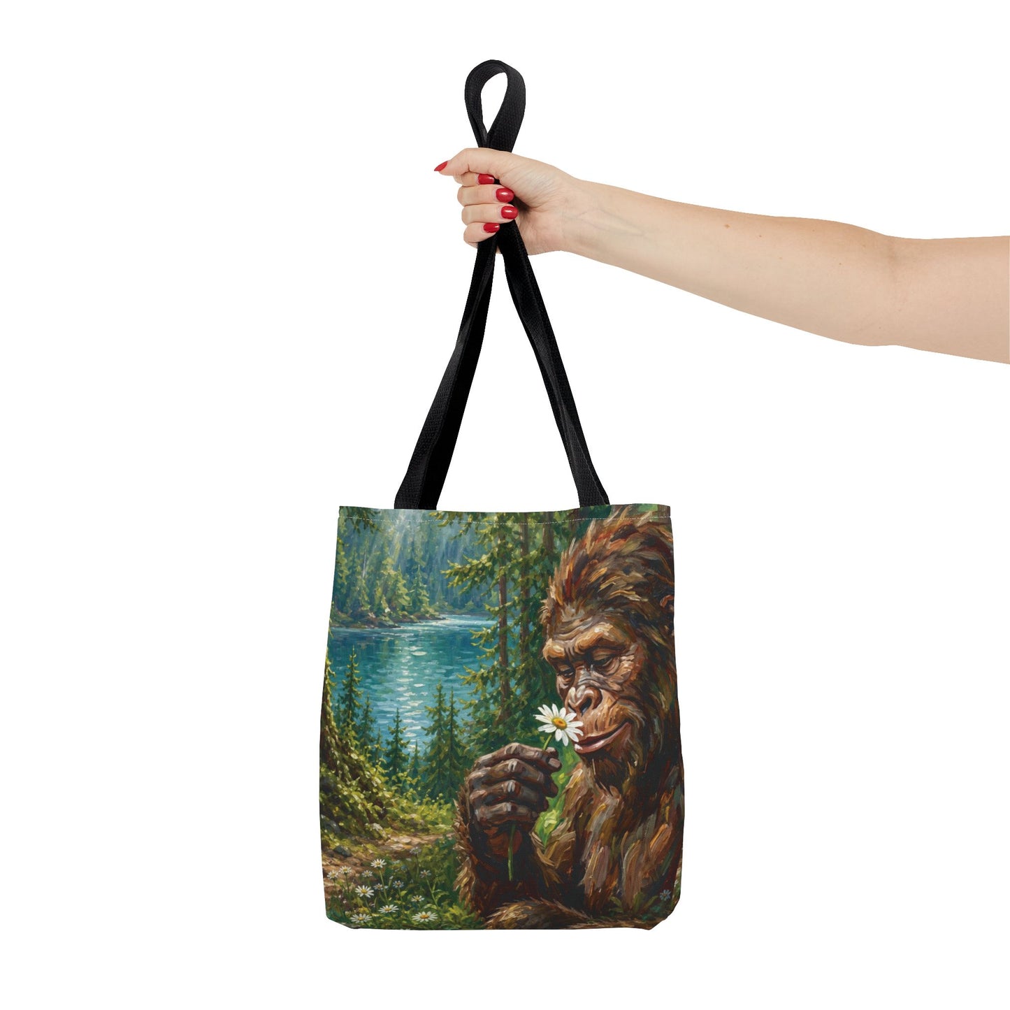Sasquatch Meadow Tote Bag — Whimsical Bigfoot Nature Canvas Tote