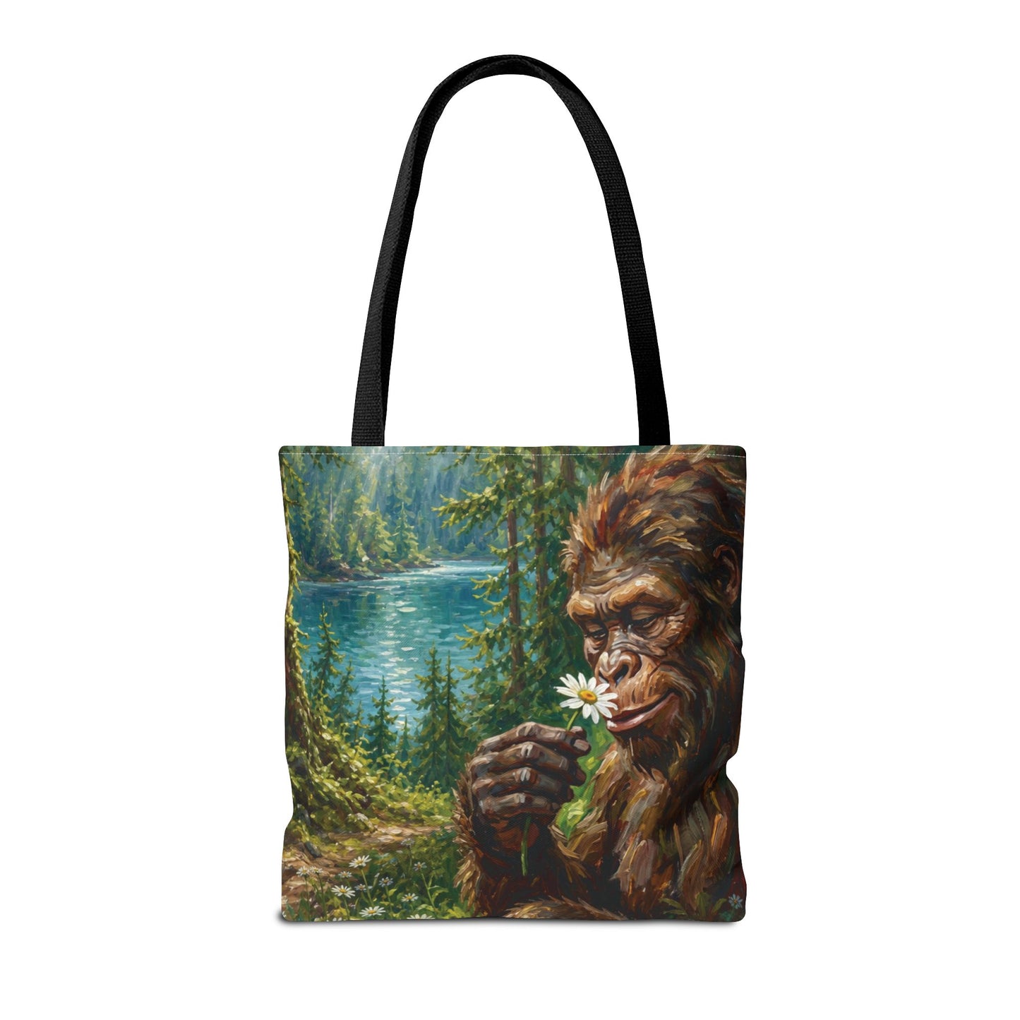 Sasquatch Meadow Tote Bag — Whimsical Bigfoot Nature Canvas Tote