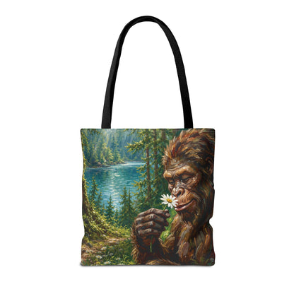 Sasquatch Meadow Tote Bag — Whimsical Bigfoot Nature Canvas Tote