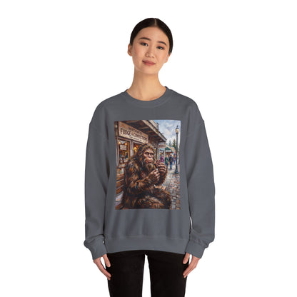 Bigfoot Eating Fudge Crewneck Sweatshirt — Funny Sasquatch Vintage Street Scene