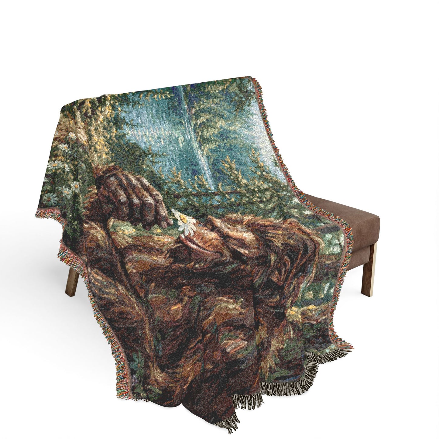 Bigfoot Forest Woven Blanket — Retro Sasquatch Woodland Throw
