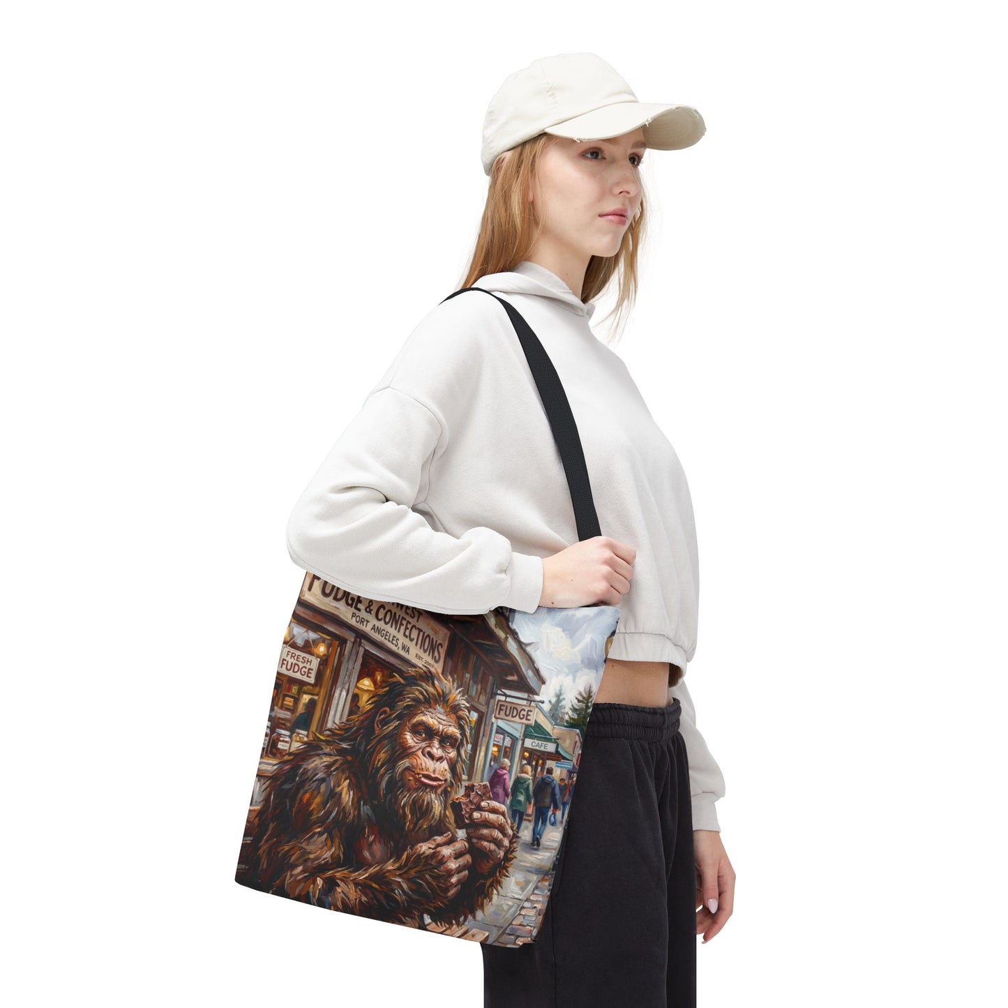 Bigfoot Fudge Shop Tote Bag — Whimsical Sasquatch Street Scene All-Over Print Tote