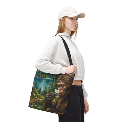 Sasquatch Meadow Tote Bag — Whimsical Bigfoot Nature Canvas Tote